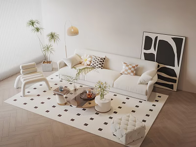 Modern White Sofa And Coffee Table Set With Decorative Pillows Patterned Rug And Abstract Art 3d model