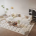Modern White Sofa And Coffee Table Set With Decorative Pillows Patterned Rug And Abstract Art