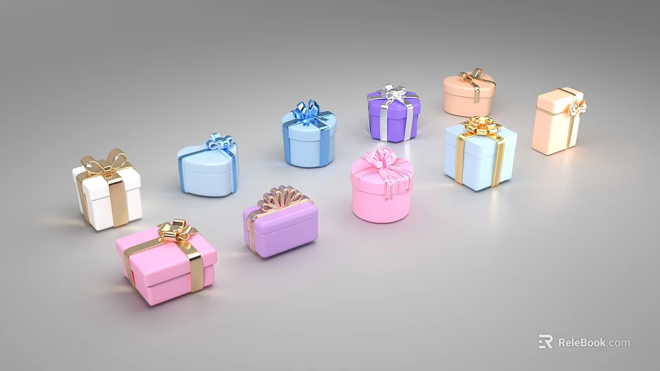 Colorful Decorative Gift Boxes With Golden Ribbons And Bows For Festive Gifting 3d model 
