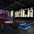 Modern Bar Interior Design With Chandeliers Stained Glass Windows Bar Stools And Stage Lights