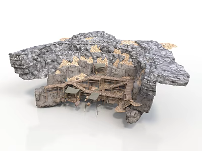 Detailed Rock Structure Model With Wooden Interior And Platform Design 3d model
