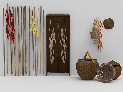 Traditional Garden Ornaments With Bamboo Screens Hanging Corn Chili Peppers And Wicker Baskets 3d model