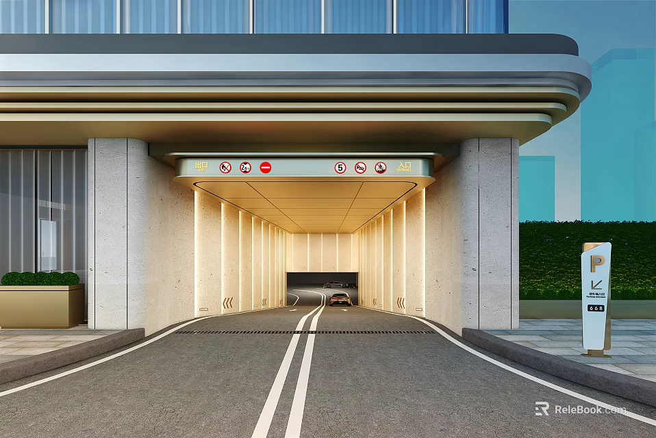 Road Facilities Featuring Lane Entrance Signage Road Markings And Building Entrance 3d model 