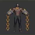 Shirtless Male Character With Grey And Yellow Mechanical Arms Yellow Chains And Dark Pants