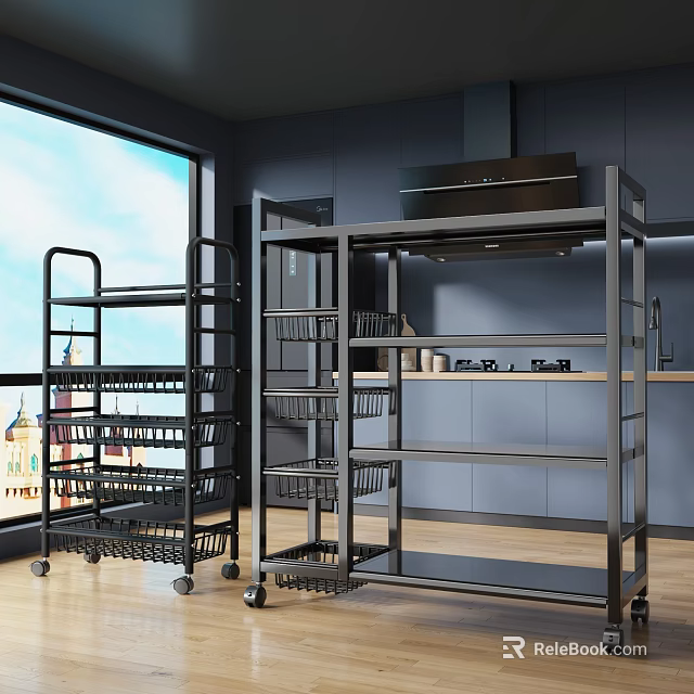 Modern Kitchen Interior With Black Metal Storage Racks And Cabinets 3d model