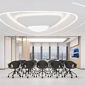 Modern Conference Room With White Ceiling Curved Lighting Large Screen White Chairs And Minimalist Design