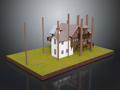 Small House Model with White Walls Gray Roof Supporting Poles on Green Grass Base 3d model
