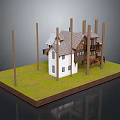 Small House Model with White Walls Gray Roof Supporting Poles on Green Grass Base