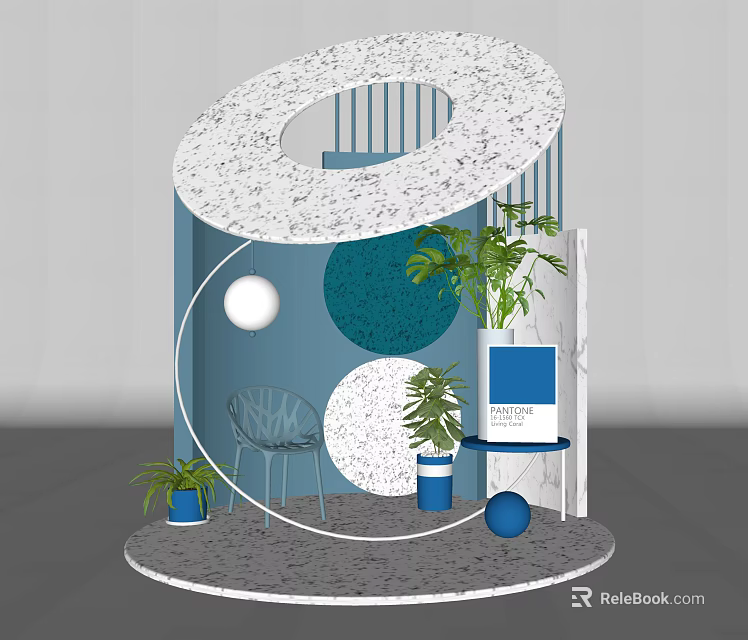 Modern Display Scene With White Circular Structure Blue Background Green Plants Transparent Chair Small Table 3d model 