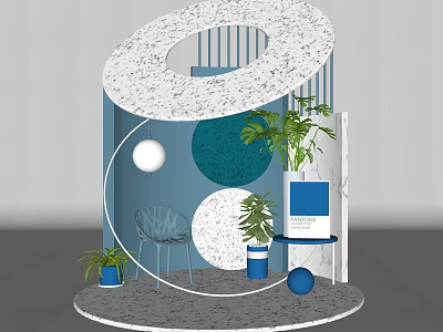 Modern Display Scene With White Circular Structure Blue Background Green Plants Transparent Chair Small Table 3d model