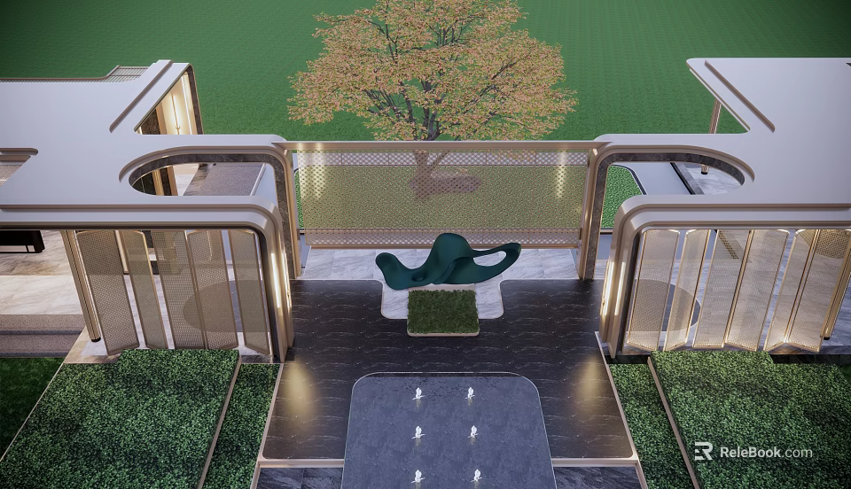 Modern Pergola Outdoor Design With Green Grass Tree Stone Floor And Fountain 3d model 