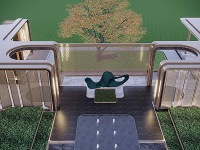 Modern Pergola Outdoor Design With Green Grass Tree Stone Floor And Fountain 3d model