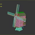 Wooden Windmill Model With Red Brick Walls And Rotating Blades Structure