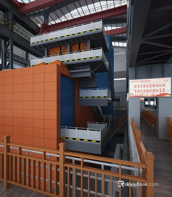 Industrial Building Interior With Multi Level Platforms Orange Blue Walls White Railings Safety Signs 3d model 