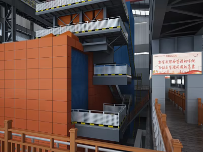 Industrial Building Interior With Multi Level Platforms Orange Blue Walls White Railings Safety Signs 3d model