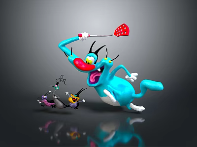 Funny Dynamic Blue Cartoon Cat Playfully Chasing Small Black Creature With Red Flyswatter 3d model