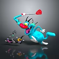 Funny Dynamic Blue Cartoon Cat Playfully Chasing Small Black Creature With Red Flyswatter