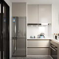 Modern Kitchen Interior With Stainless Steel Refrigerator White Tiled Walls Dishwasher Sink And Light Cabinets