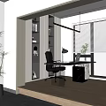 Modern Study Room With Wooden Desk Office Chair Pendant Light Bookshelf And City View
