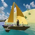Wooden Boat with Yellow Sail and Three People Sailing on Blue Water Near Sandy Dunes Under Blue Sky