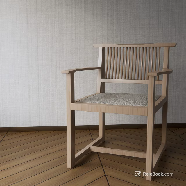 Modern Wooden Armchair With Slat Back And Woven Seat Design 3d model 
