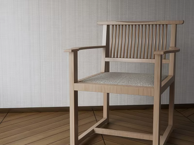 Modern Wooden Armchair With Slat Back And Woven Seat Design 3d model