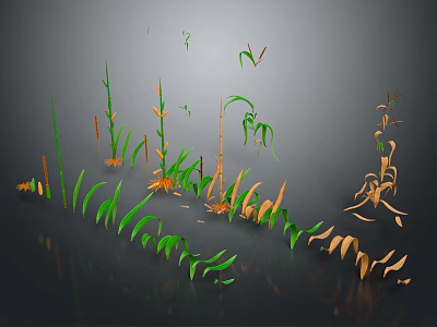 Assorted Plants Featuring Green And Yellow Leaves With Different Heights And Reflections On Dark Background 3d model