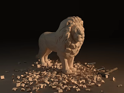 Artisan Crafted Wooden Lion Sculpture with Fresh Carving Shavings and Details 3d model