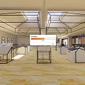 Spacious Exhibition Hall Featuring Glass Display Cases Geometric Ceiling Skylights And Wooden Floor