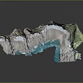 Realistic 3D Terrain Model Featuring Crater Blue Water Mountains and Green Areas