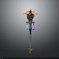 Ornate Decorative Weapon Featuring Yellow Red Top Blue Pink Hanging Parts on Metallic Long Shaft