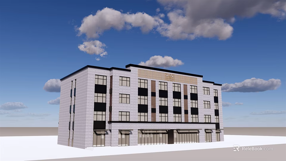 Modern Office Building Exterior With Gray Facade And Black Windows Under Blue Sky 3d model 