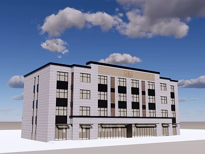 Modern Office Building Exterior With Gray Facade And Black Windows Under Blue Sky 3d model