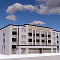 Modern Office Building Exterior With Gray Facade And Black Windows Under Blue Sky