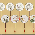 Ornamental Decor Set With Circular Fans Floral Bird Patterns And Red Tassels
