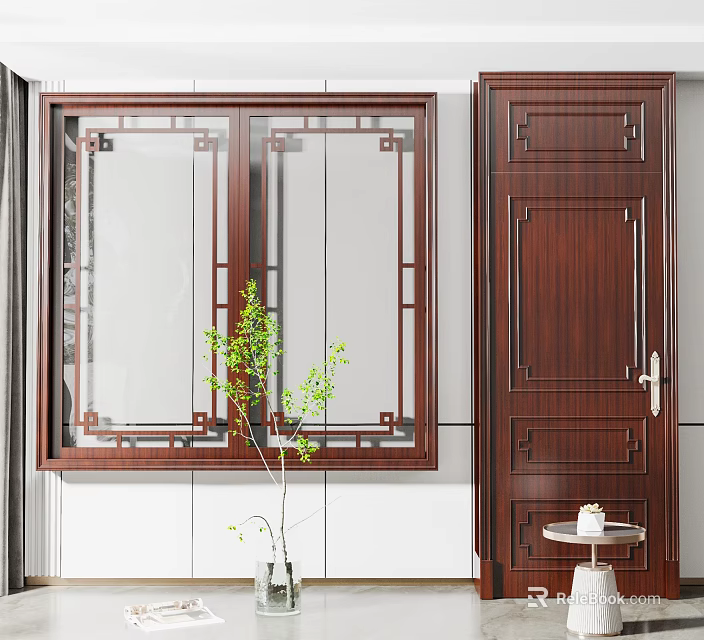 Solid Wood Hinged Door With Carved Lattice Design For Modern Home Interior 3d model 