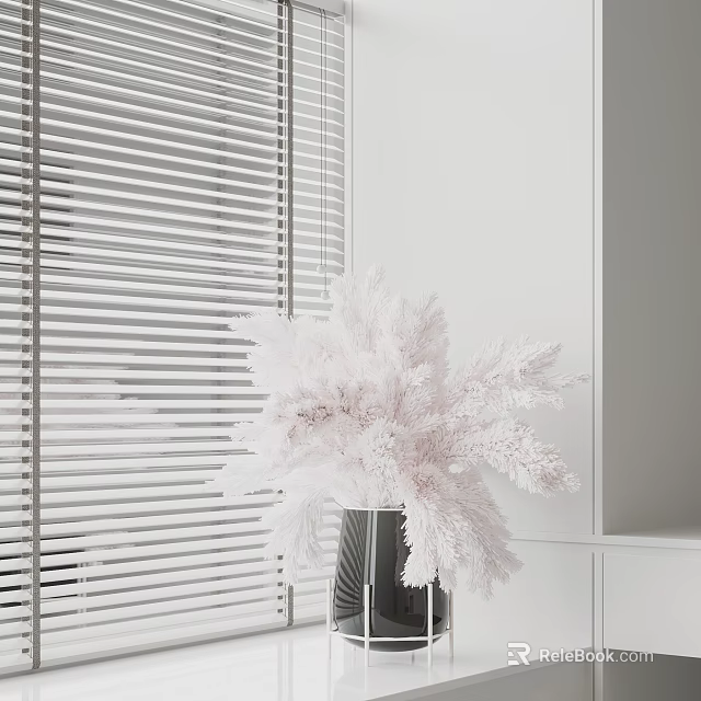 White Feathery Flowers in Black Vase Against White Window Blinds Modern Interior 3d model 