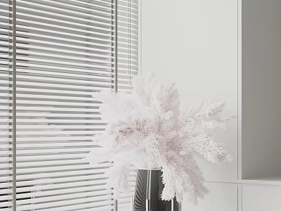 White Feathery Flowers in Black Vase Against White Window Blinds Modern Interior 3d model