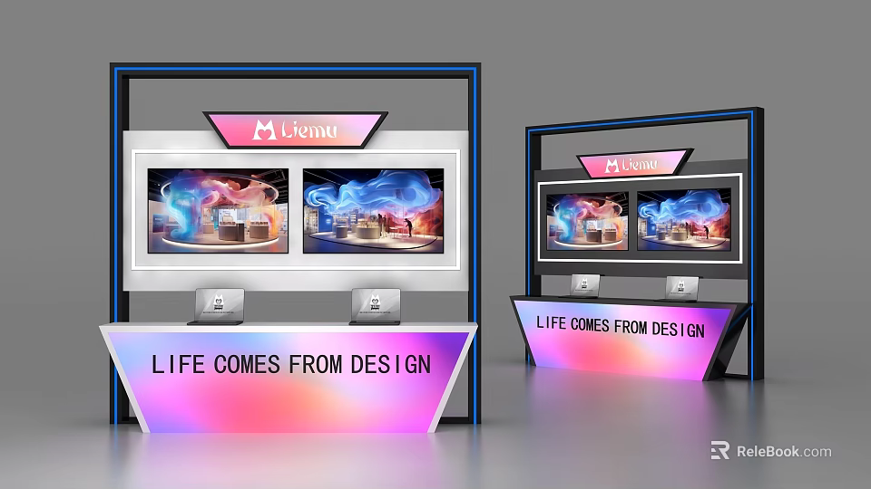 Modern Display Shelves with Screens Colorful Graphics Li Furniture Logo and Design Slogan 3d model 