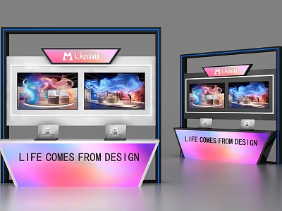 Modern Display Shelves with Screens Colorful Graphics Li Furniture Logo and Design Slogan 3d model