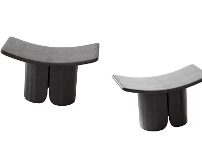 Modern Black Wooden Stools With Curved Seats And Double Legs Design 3d model