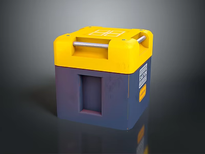 Tactical Military Weapon With Yellow Blue Cube Shaped Body White Top Handle And Side Labels 3d model