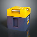 Tactical Military Weapon With Yellow Blue Cube Shaped Body White Top Handle And Side Labels