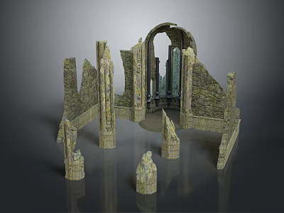 Intricate Ancient Architectural Ruin Sculpture With Carved Archway Stone Pillars And Walls 3d model