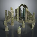 Intricate Ancient Architectural Ruin Sculpture With Carved Archway Stone Pillars And Walls