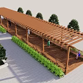 Serene Wooden Pergola With Lush Green Plants Paved Pathway People Relax Under Blue Sky