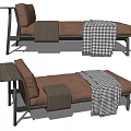 Brown Leather Chaise Lounge With Checkered Blanket Wooden Armrest And Metal Frame