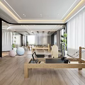 Modern Minimalist Fitness Studio With Spacious Indoor Space Neatly Arranged Wooden Equipment And Bright Lighting