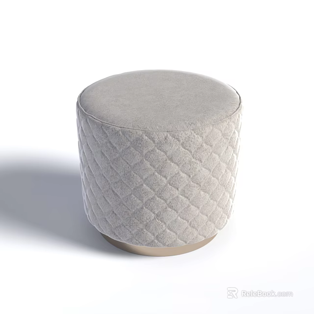 Elegant Round Velvet Ottoman With Quilted Diamond Pattern And Gold Base 3d model 
