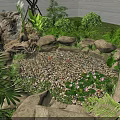 Natural Water Fountain with Rocks Koi Fish and Green Plants in Garden